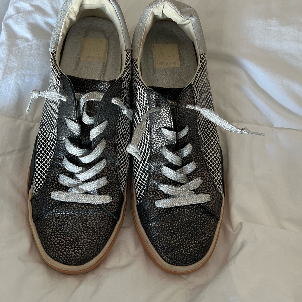 dolce Vita navy blue and cream color sneakers with sparkle, silver shoelaces